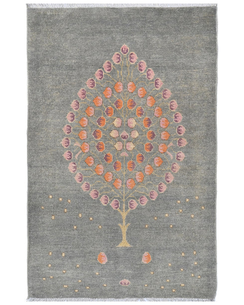 3x4 Gray Kuba Afghan Hand Knotted Wool Area Rug